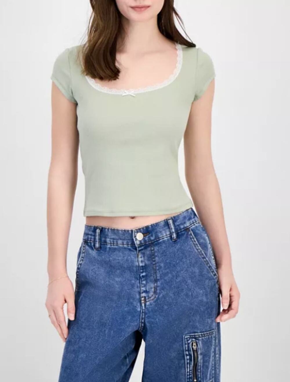 Just Polly Juniors' Lace Trimmed Short-Sleeve T-Shirt Size L